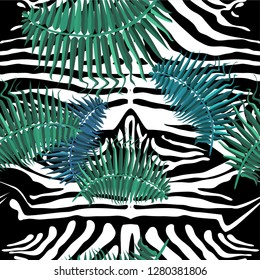 Seamless background with tropical leaves and tiger stripes