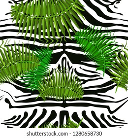 Seamless background with tropical leaves and tiger stripes