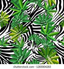 Seamless background with tropical leaves and tiger stripes