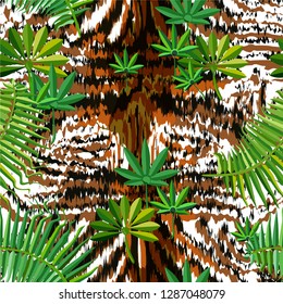 Seamless background with tropical leaves and tiger stripes