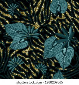 Seamless background with tropical leaves and tiger stripes