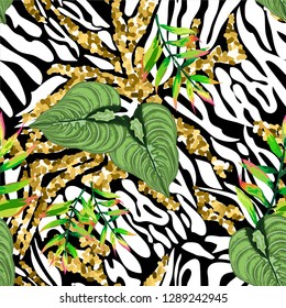 Seamless background with tropical leaves and tiger stripes