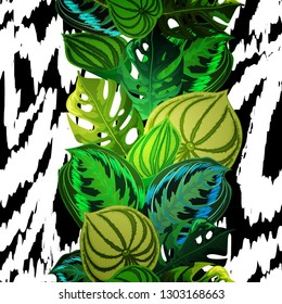 Seamless background with tropical leaves and tiger stripes