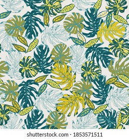 seamless background with tropical leaves, vector design for paper, fabric. 