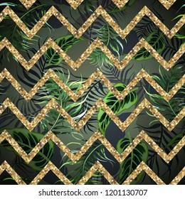 Seamless background with tropical  leaves.Abstract golden pattern.