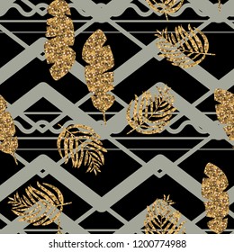 Seamless background with tropical  leaves.Golden tropical leaves.