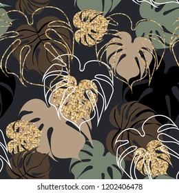 Seamless background with tropical  leaves.Golden tropical leaves.
