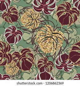 Seamless background with tropical  leaves.Golden tropical leaves.