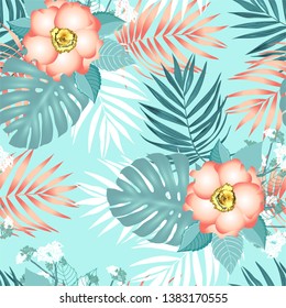 Seamless background with tropical palm leaves and flowers. Summer sale, big discount, fabric texture, cosmetics label, wedding greeting card, birthday, party