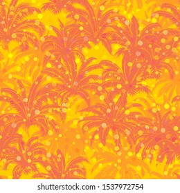 Seamless Background, Tropical Palm Trees, Crowns with Leaves, Red and Yellow Tile Pattern. Vector