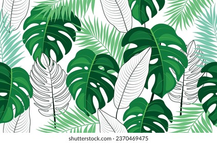 Seamless background with tropical plants in cartoon style. Vector illustration of beautiful background with monstera, banana and palm leaves, linear silhouettes of leaves isolated on white background.