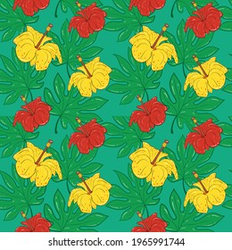 Seamless background with tropical plants. Hibiscus flowers. Exotic leaves. Stock illustration.