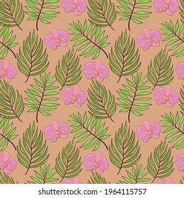 Seamless background with tropical plants. Orchid flowers. Exotic leaves. Stock illustration.