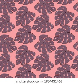 Seamless background with tropical plants in pink colors. Monstera leaves. Fashionable background. Stock illustration.