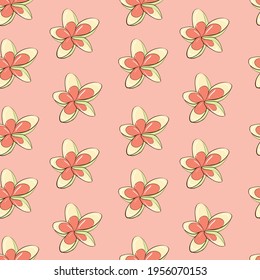 Seamless background with tropical plants in pink colors. A delicate plumeria flower. The symbol of Thailand. Stock illustration.