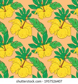 Seamless background with tropical plants. Yellow hibiscus flowers on a background of tropical greenery. Stock illustration.