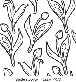 Seamless background. Tulips. Botanical pattern. Spring flowers. Coloring page. Outline. Wrapping paper, tissue and web. 