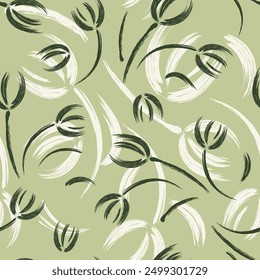 Seamless background with tulips. Flowers hand drawn cute simple pastel background. Ink sketch. Black and white olive green background for botanical design