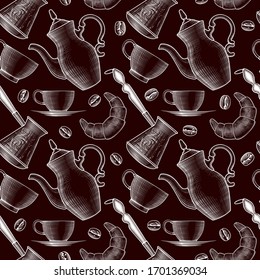 Seamless background with a turkish cezve pot, cup of hot drink, coffee beans, coffee spoon, coffee pot. Hand drawn engraving style illustrations. Vector illustration.