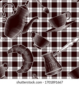 Fondo sin inconvenientes con una olla de cebra turca, taza de bebida caliente, granos de café, cuchara de café, cafetera. Ilustraciones de estilo grabado a mano. Ilustración vectorial.