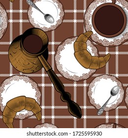 Seamless background with a turkish cezve pot, cup of hot drink, coffee spoon, coffee pot. Hand drawn engraving style illustrations. Vector illustration.