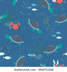 Seamless background with a turtle. Seamless background with turtle, crab, shell and plants. Seamless pattern with underwater animals, sea corals and algae. Texture with sea cartoon animals.Vector