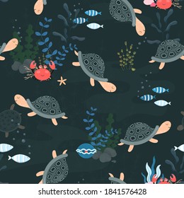 Seamless background with a turtle. Seamless background with turtle, crab, shell and plants. Seamless pattern with underwater animals, sea corals and algae. Texture with sea cartoon animals.Vector
