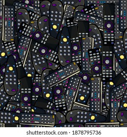 Seamless background of tv remote, buttons, control panel, console, colorful, outline, cartoon style, flat style, wallpaper, gift paper, print, wrapper, package, paper, typography, shop, magazine, tape