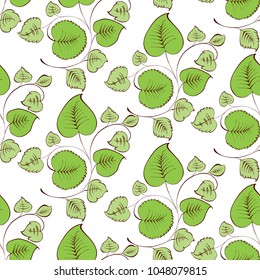 Seamless background of twigs with green leaves