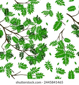 Seamless background of twigs with green leaves. Hand drawing. Not AI. Vector illustration.