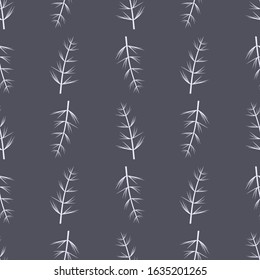 Seamless background. Twigs of herbaceous plants. Hand drawn decorative floral ornamental background. Vector illustration. White and blue.
