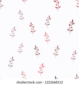 Seamless background of twigs with leaves. Delicate red color seamless texture.