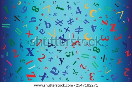 Seamless background with twisted numbers and math symbols. Randomly distributed numerals. One to zero disorganized of different sizes and angles. Illustration on gradient bg vector saved in EPS 10.