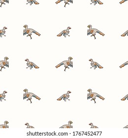 Seamless background two Archaeopteryx dinosaur gender neutral baby pattern. Whimsical minimal earthy 2 tone color. Kids nursery wallpaper or boho cartoon animal fashion all over print.