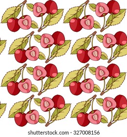 Seamless background. Two berries cut from background with tones and highlights. One cherry cut in half. Visible veins on the leaves. Branches connected with handle. 