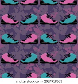 Seamless background of two colour shoes vector pattern with dirty spots