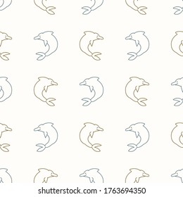 Seamless background two dolphin gender neutral baby pattern. Simple whimsical minimal earthy 2 tone color. Kids nursery wallpaper or boho cartoon animal fashion all over print.