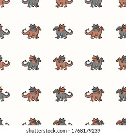 Seamless background two dragon gender neutral baby pattern. Simple whimsical minimal earthy 2 tone color. Kids nursery wallpaper or boho cartoon animal fashion all over print.