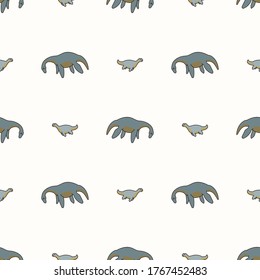 Seamless background two Plesiosaurus dinosaur gender neutral baby pattern. Simple whimsical minimal earthy 2 tone color. Kids nursery wallpaper or boho cartoon animal fashion all over print.