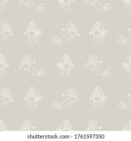 Seamless background two swimming mermaids gender neutral baby pattern. Simple whimsical minimal earthy 2 tone color. Kids nursery wallpaper or boho cartoon animal fashion all over print.