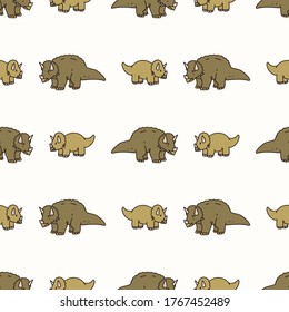 Seamless background two Triceratops dinosaur gender neutral baby pattern. Simple whimsical minimal earthy 2 tone color. Kids nursery wallpaper or boho cartoon animal fashion all over print.