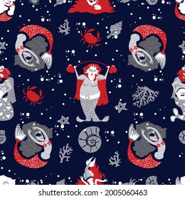 Fondo sin inconvenientes en un estilo tipográfico con una imagen de un tema marino. Tarjeta de saludo, afiche, papel de embalaje, textiles, diseño de embalaje. Ilustración vectorial.