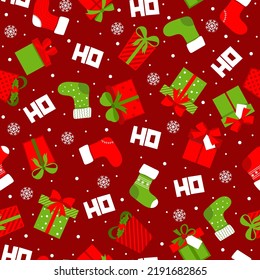 Seamless background with typography Ho ho ho pattern design with red background and gift boxes. 
