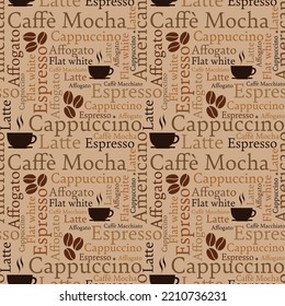 seamless background with typography from words, coffee beans and coffee cup.