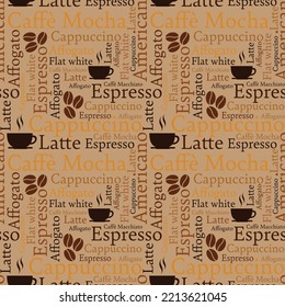 seamless background with typography from words, coffee beans and coffee cup.