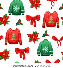 Seamless background of ugly Christmas sweater and poinsettia flower