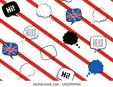 Seamless background with UK flag and speech bubbles with greeting in English. Vector illustration