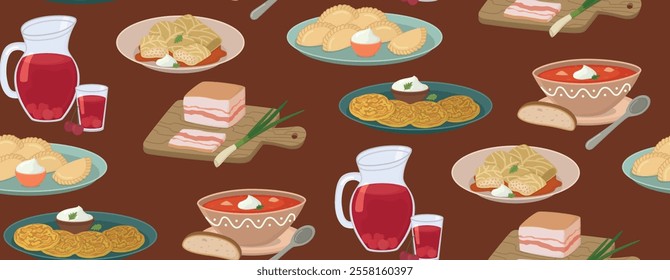 Seamless background with Ukrainian traditional dishes. Flat pattern with borsch, varenyky, holubtsy, salo, deruny, cherry compote	