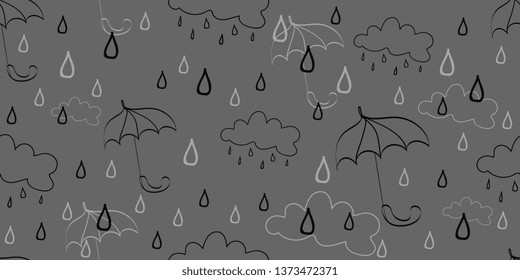 Seamless background. Umbrellas and clouds. Background of clouds and umbrellas. Raindrops. Rainy weather. Vector graphics
