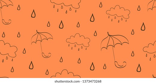 Seamless background. Umbrellas and clouds. Background of clouds and umbrellas. Raindrops. Rainy weather. Vector graphics